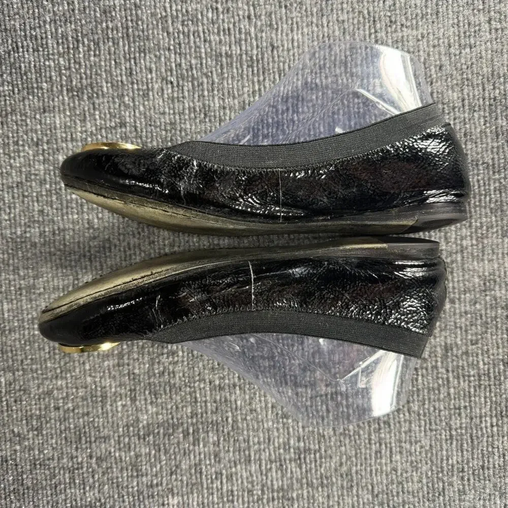Tory Burch Caroline Ballet Flats Womens 7 Black Patent Leather Gold Medallion